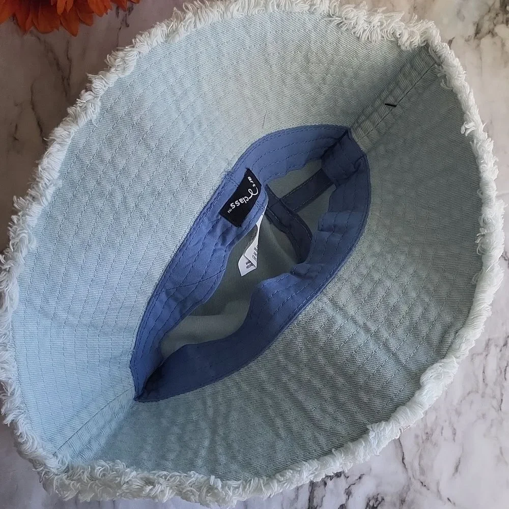 Light Blue Denim Bucket Hat Patterned Band Summer Fashion Hat